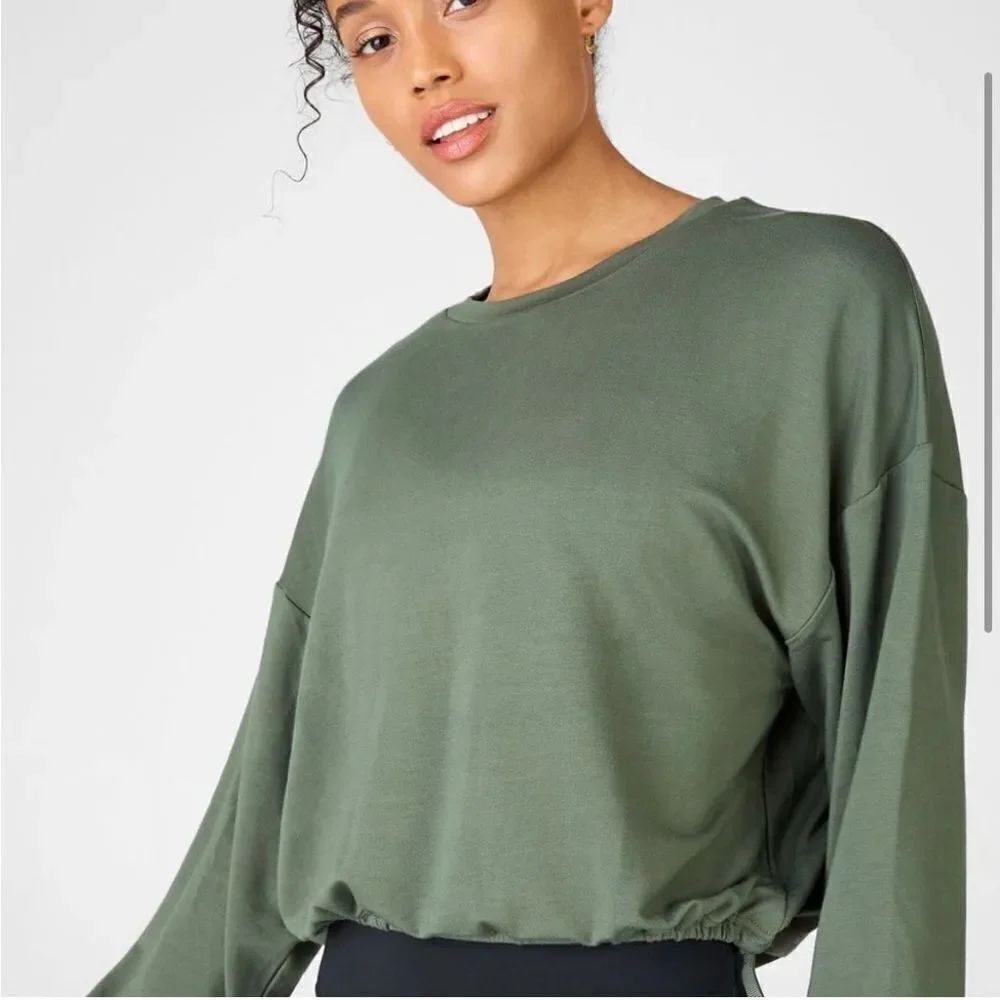 Fabletics Monica Cinched Pullover Green Cropped Silhouette NEW